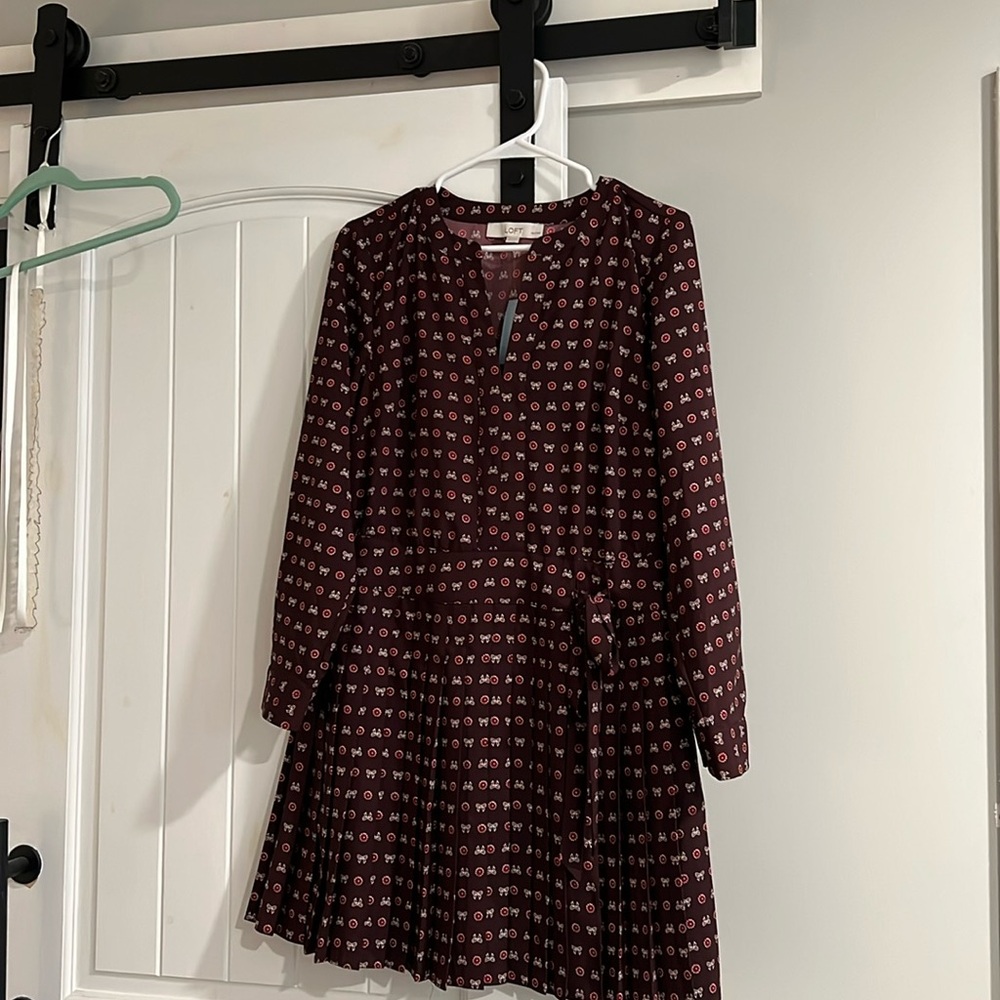 Loft Women's Burgundy Patterned Long Sleeve Dress